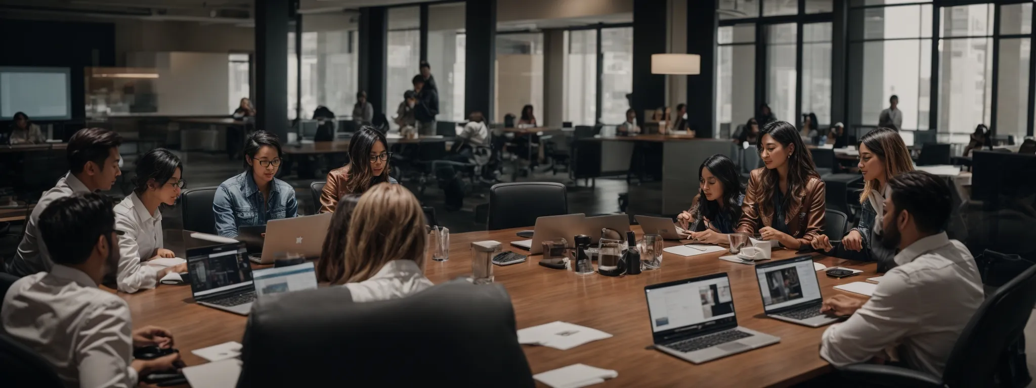 a digital marketing team gathered around a conference table with multiple open laptops, actively discussing strategies.