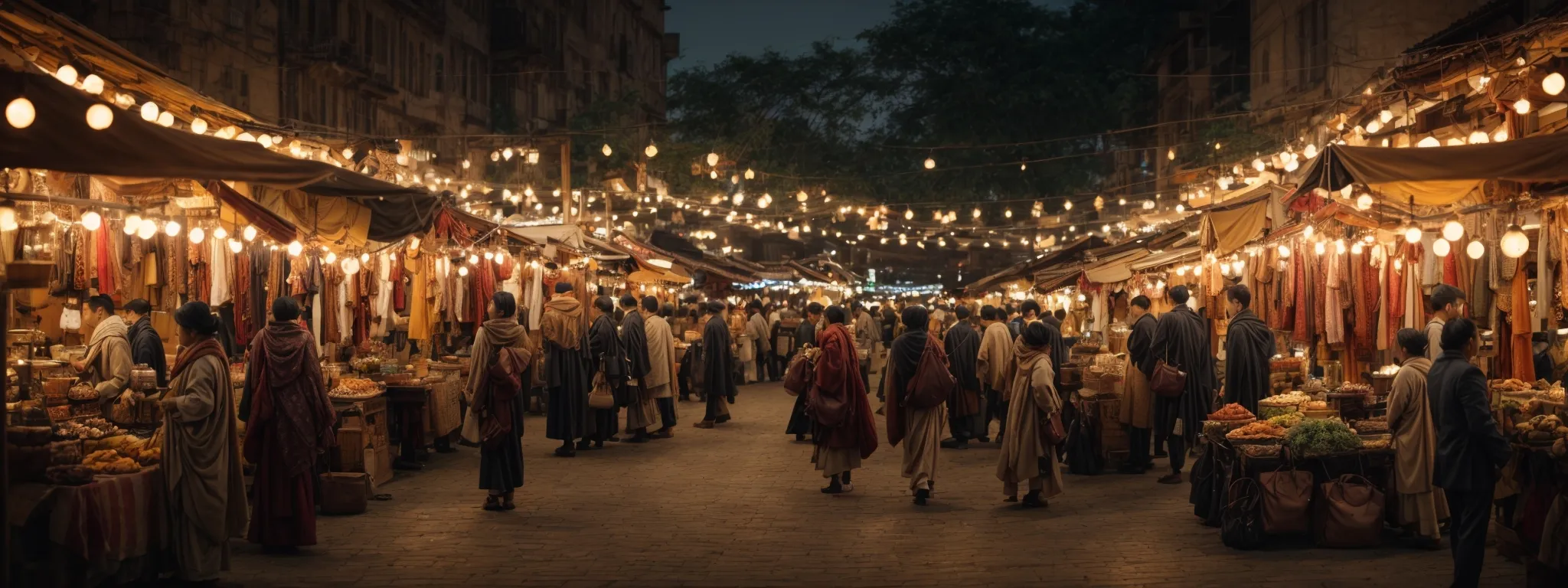a bustling marketplace with various stalls neatly arranged, showcasing an array of products under the soft glow of hanging lights.