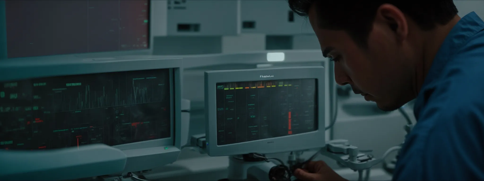 A person in medical scrubs monitors patient vital signs on two electronic screens in a clinical setting, highlighting the importance of technology and precision, much like SEO for Dentists enhances online visibility.