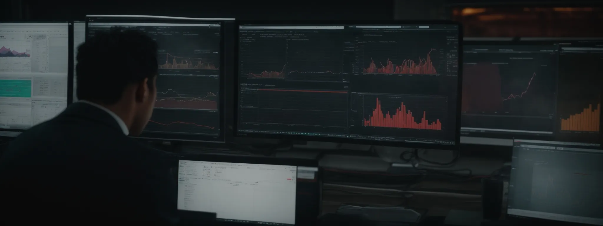 a professional analyzing data on a computer screen, displaying various metrics and trends.