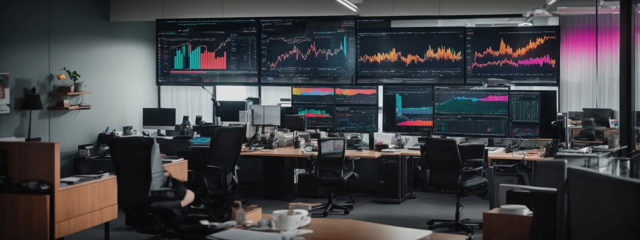 a modern office with a large monitor displaying colorful graphs and social media analytics.
