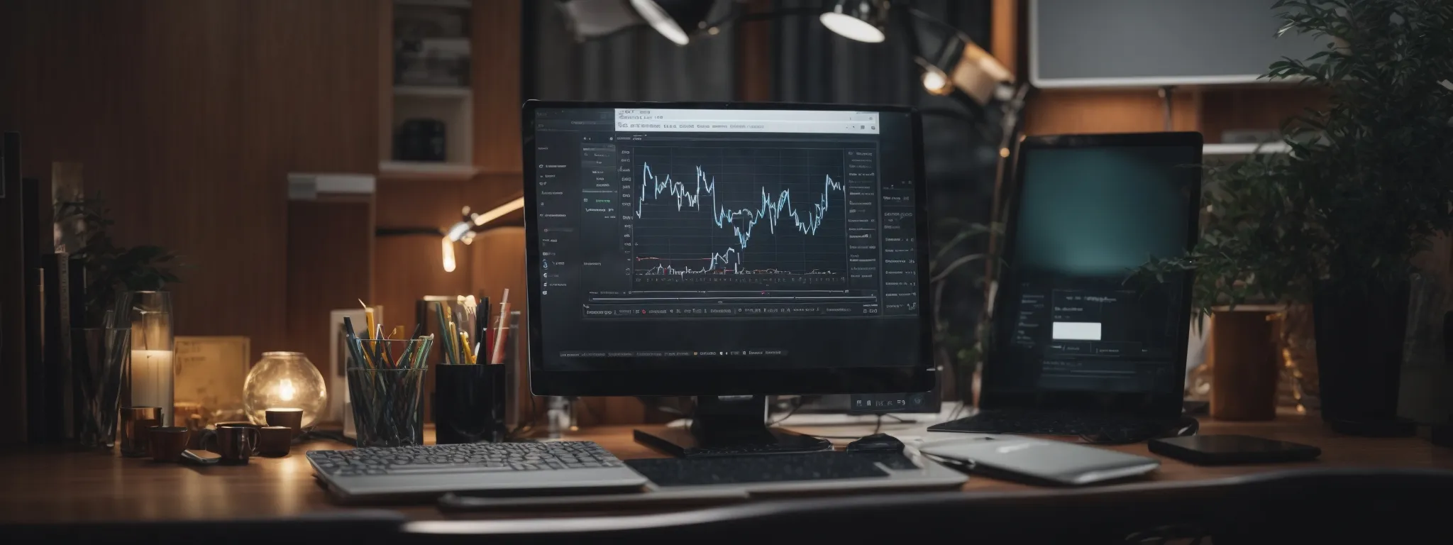 a computer screen displaying a rising graph amid seo icons represents a successful content strategy enhancing serp performance.