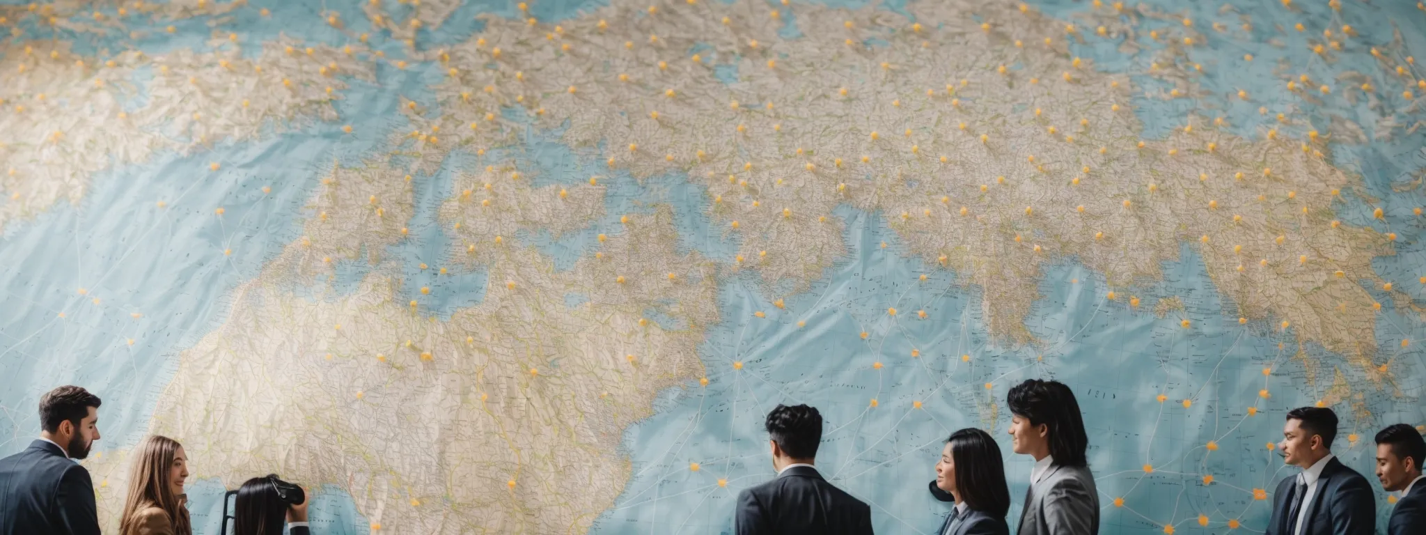 a digital marketing team surrounds a world map dotted with pins and interconnected lines, strategizing their global online presence.