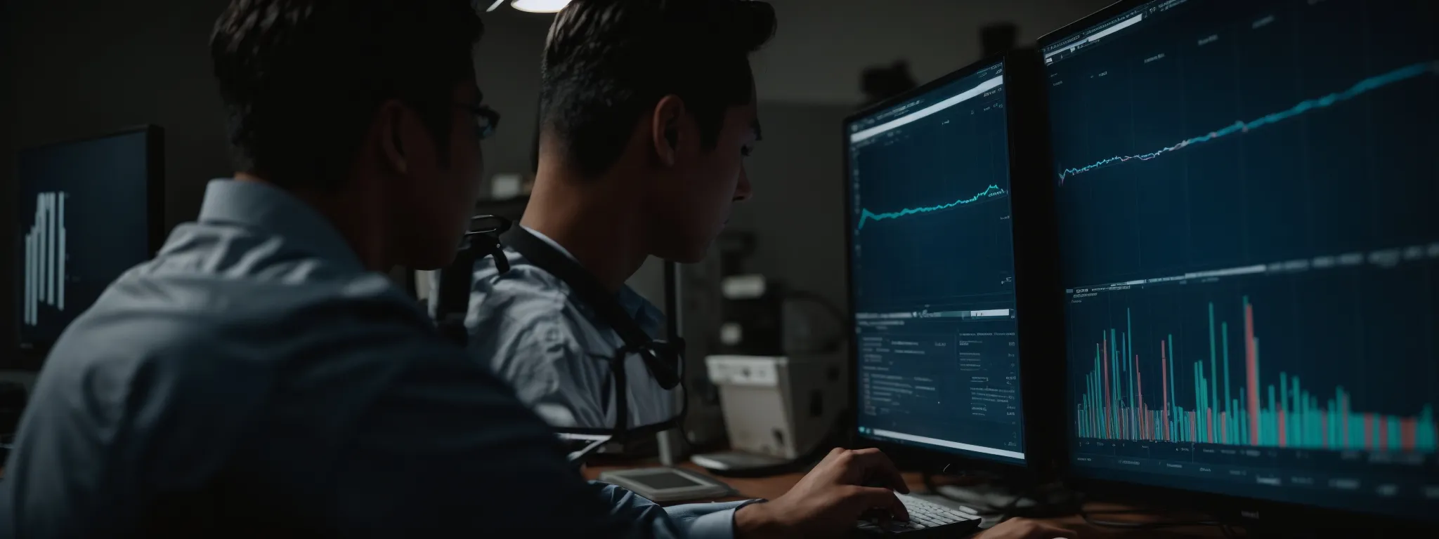 a marketer analyzing graphs on a computer screen to improve search engine rankings.