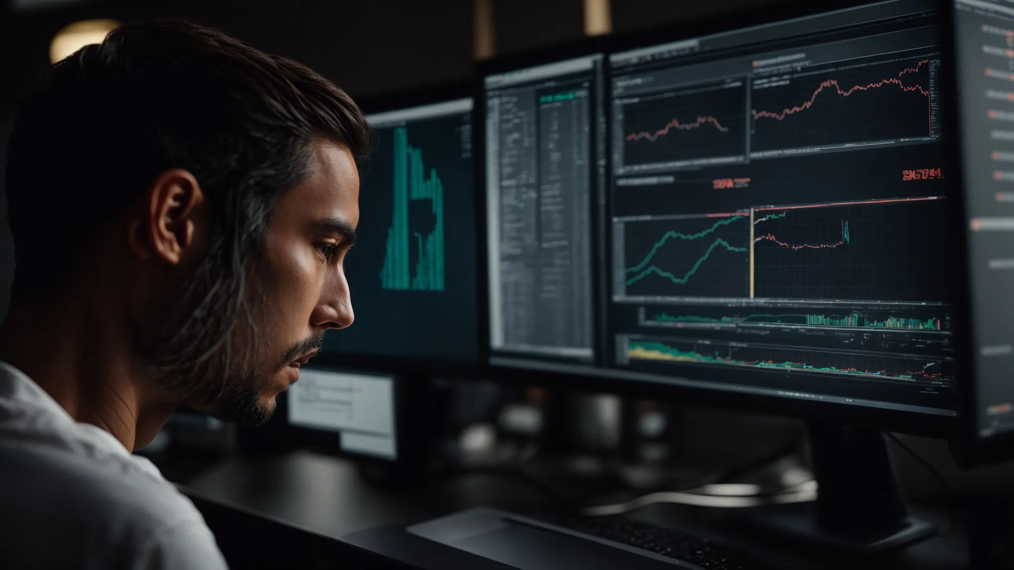 a web developer gazes intently at a computer screen displaying a sophisticated analytics dashboard.