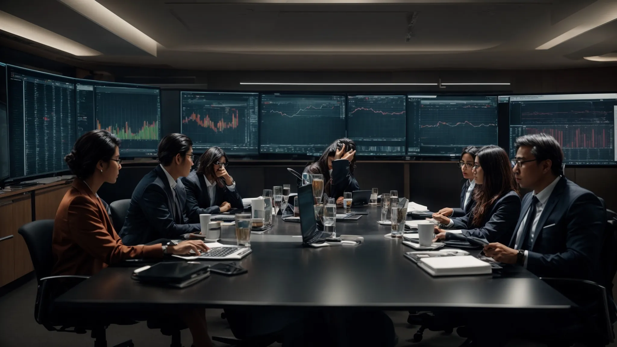 a group of professionals around a conference table, analyzing graphs and charts on computers and digital tablets.