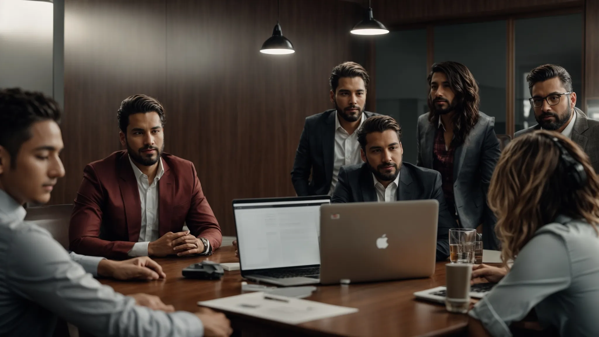 a team gathered around a conference table with laptops and digital devices, brainstorming ideas with a positive and determined expression.