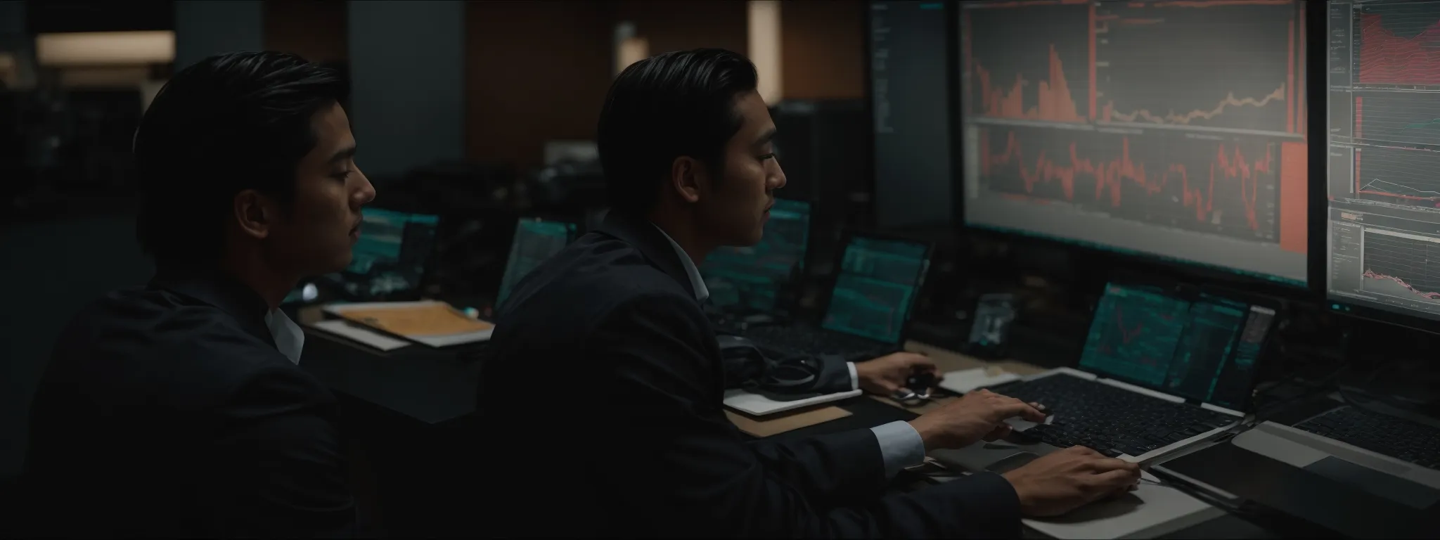 a professional analyzing data charts on a computer screen in an office setting.