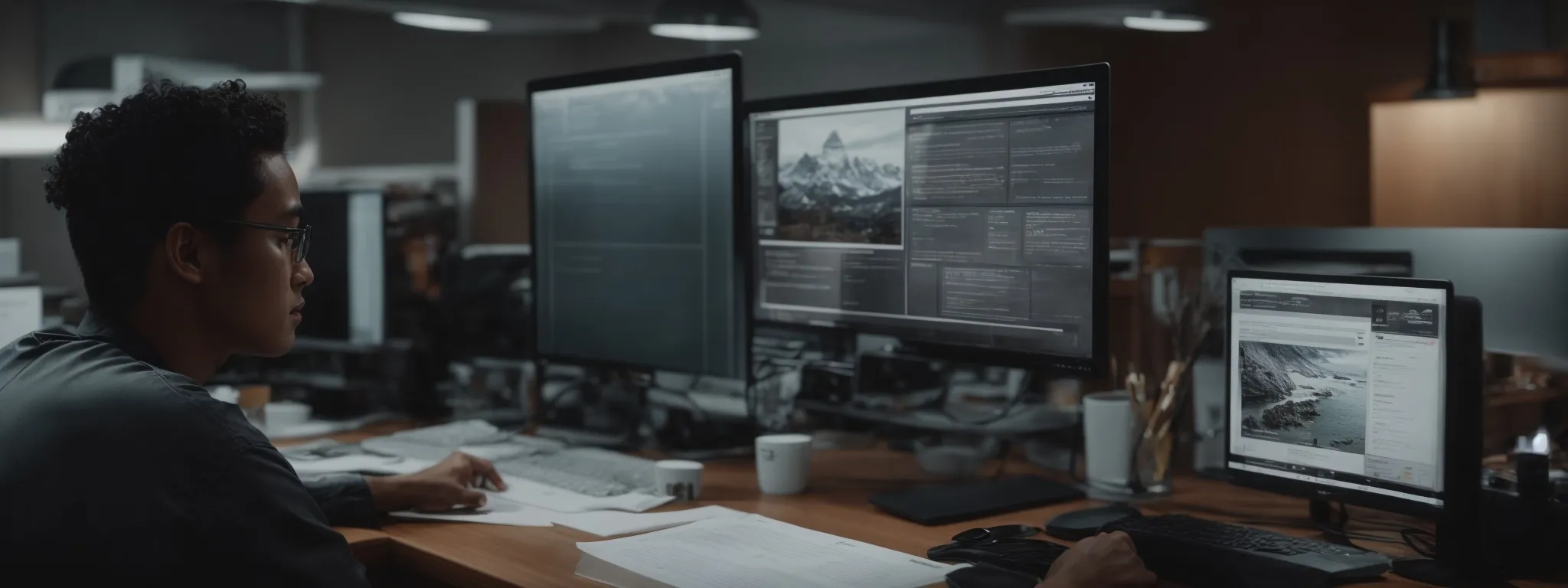 Man working at a desk with multiple monitors displaying code and nature images