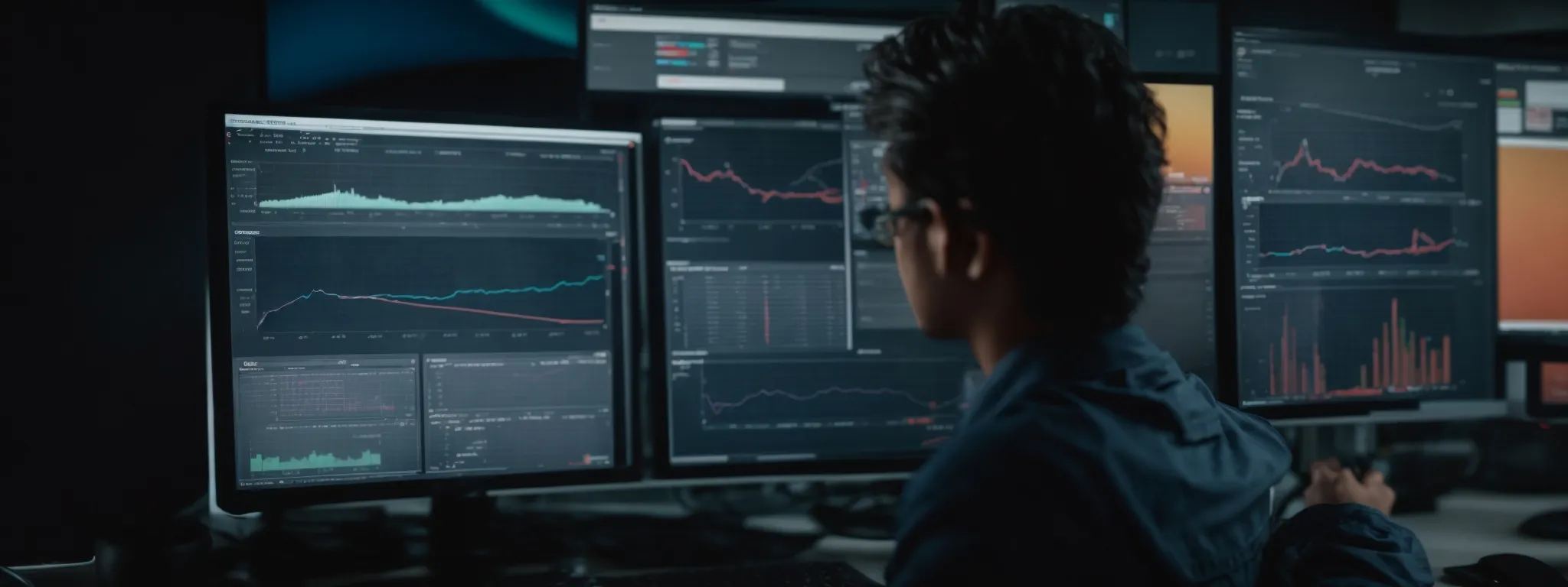 a marketer intently studies graphs and pie charts on a computer screen, reflecting the analysis of seo performance.