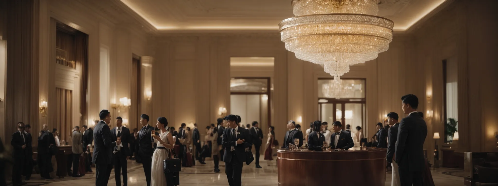a bustling hotel lobby with guests interacting with a concierge under a grand chandelier.