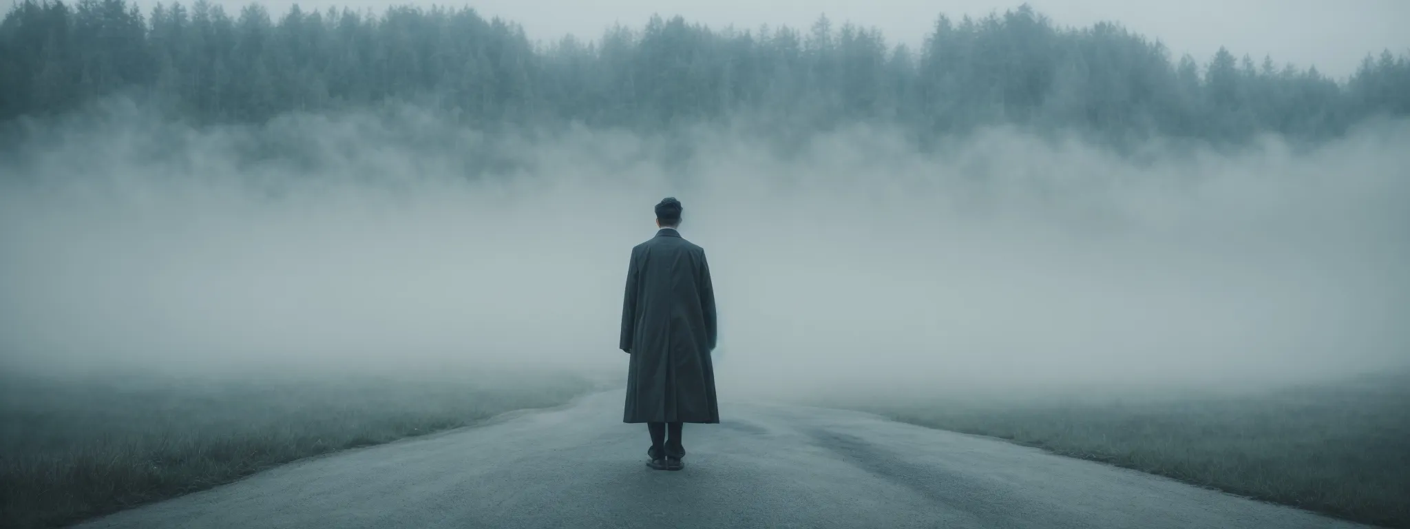 a figure standing at the intersection of two diverging paths shrouded in mist, symbolizing the choice between ethical and dubious seo tactics.