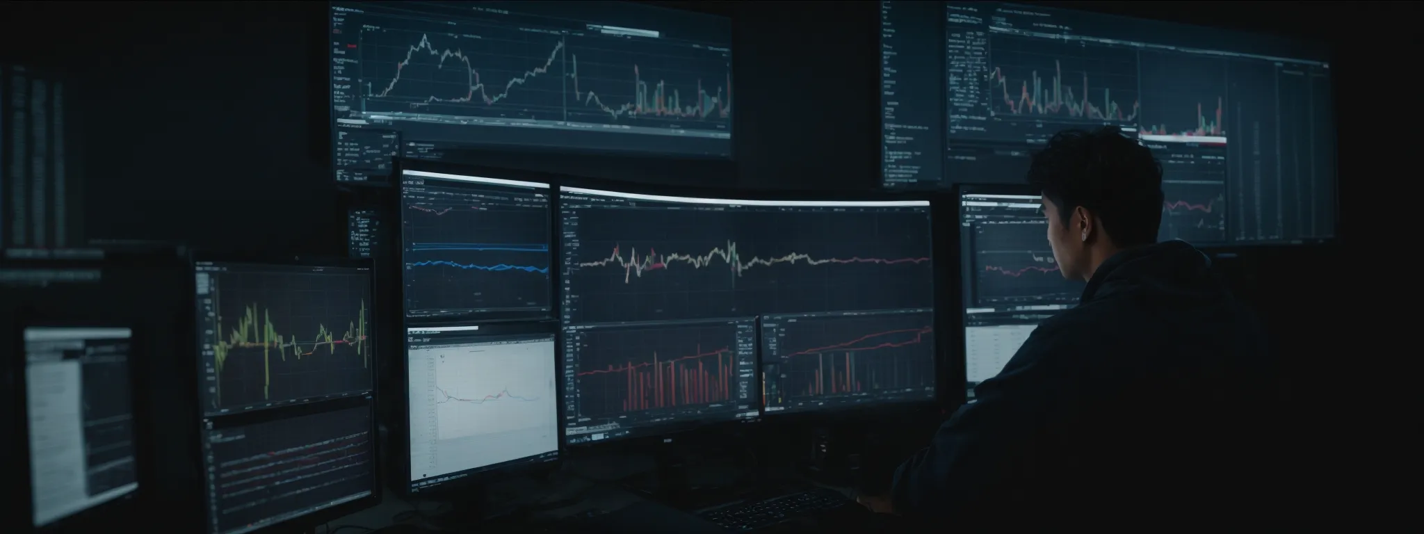 a focused individual analyzing charts and graphs on a computer screen to optimize a website's seo strategy.