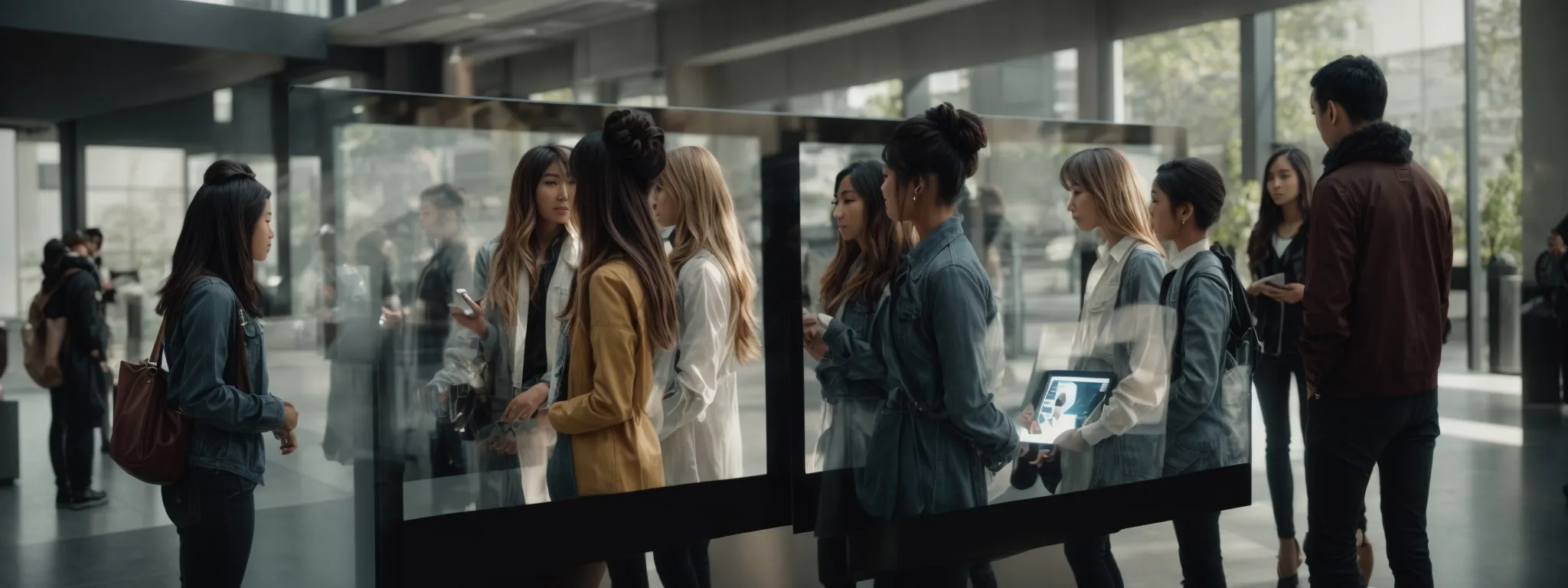 a diverse group of people gathers around a large, interactive touchscreen display in a modern, sunlit atrium, effortlessly navigating through a dynamic digital interface.