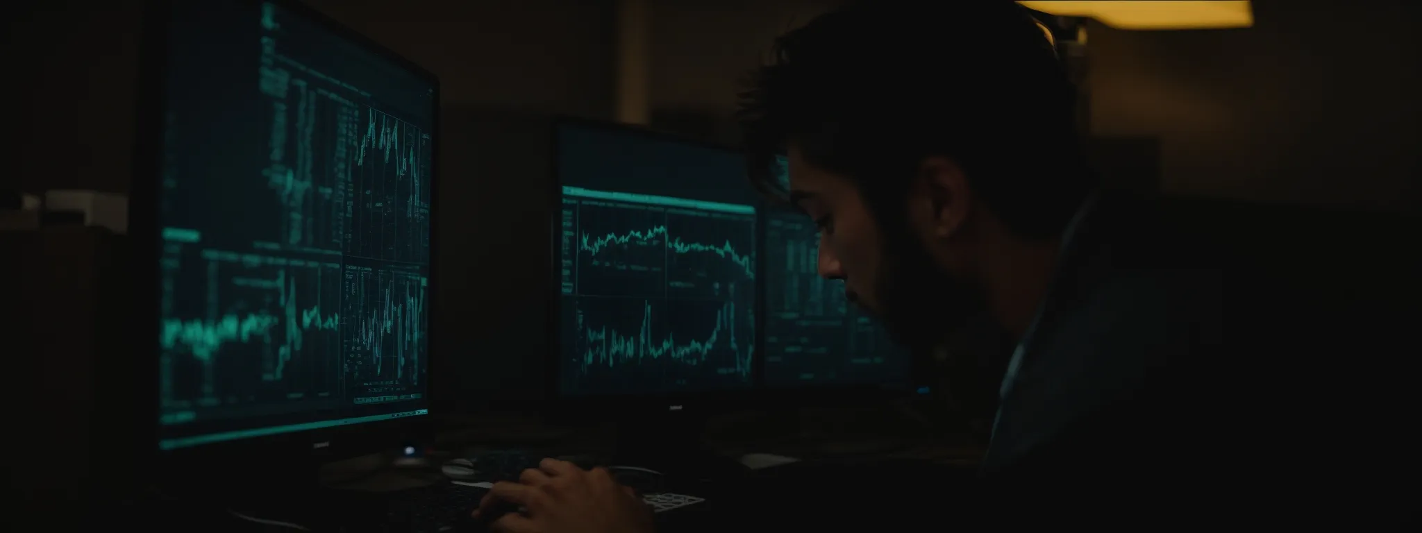 a webmaster is reviewing analytics on a computer screen, showing a network of website connections.