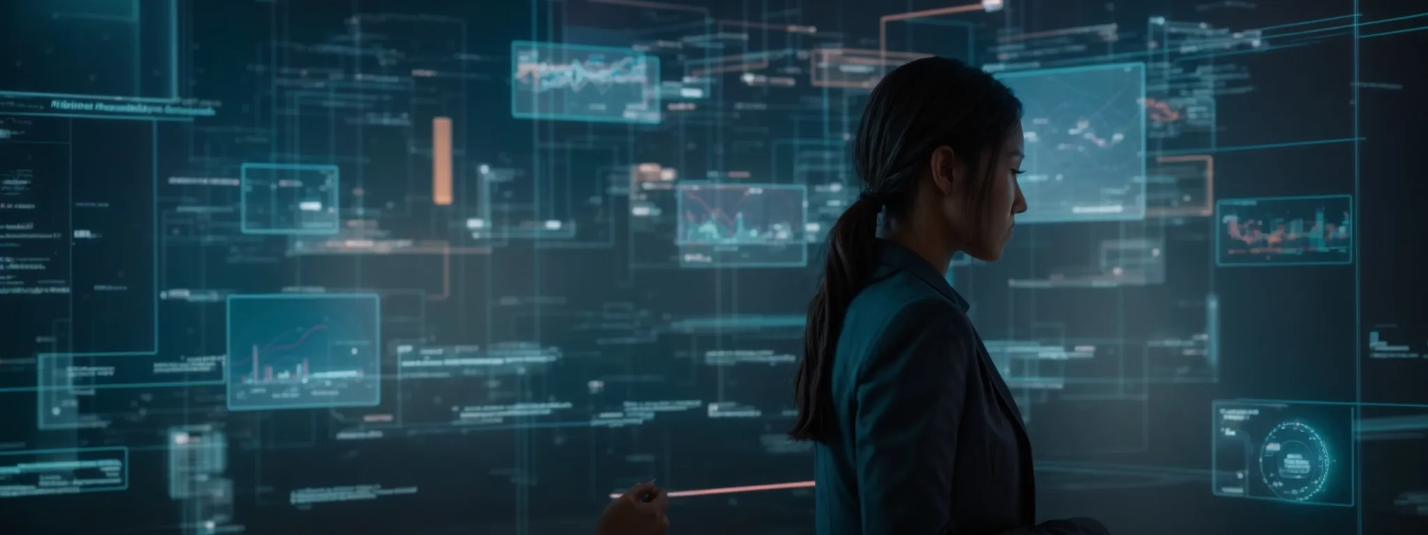 a person interacts with a futuristic holographic display showing customizable marketing analytics and consumer profiles.