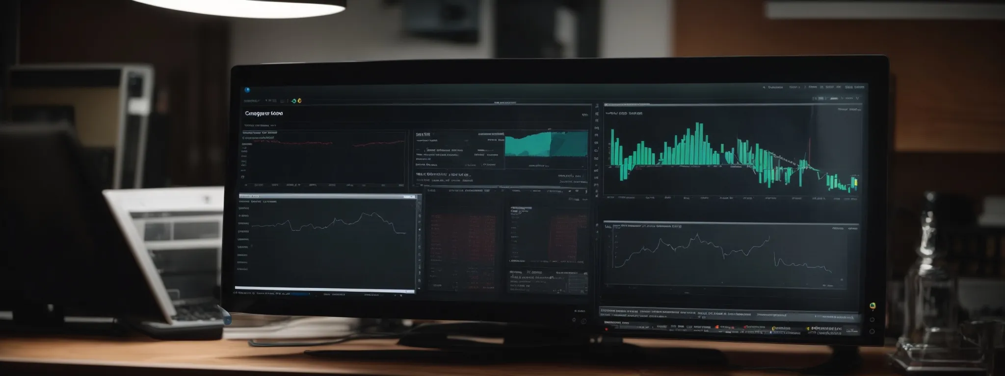 A computer monitor displays multiple financial charts and graphs on a dark-themed interface in an office setting.