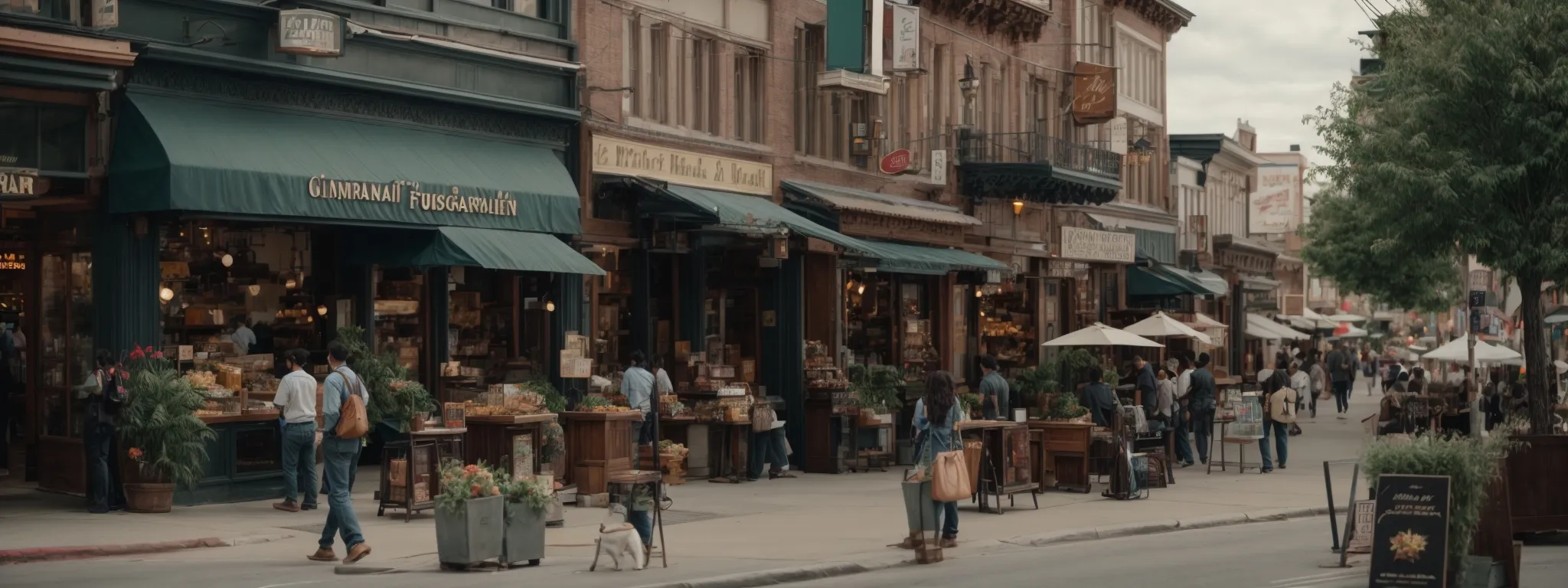 a bustling main street view with diverse shops and restaurants, each with a welcoming storefront.