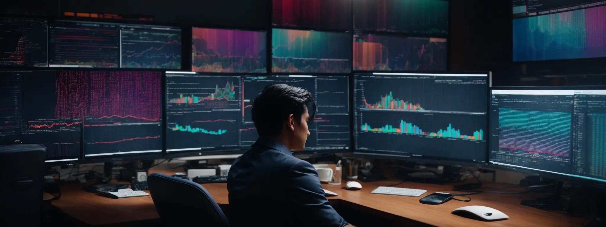 a person sitting at a modern desk, intently analyzing a colorful data dashboard on their computer screen, symbolizing strategic email marketing analysis.