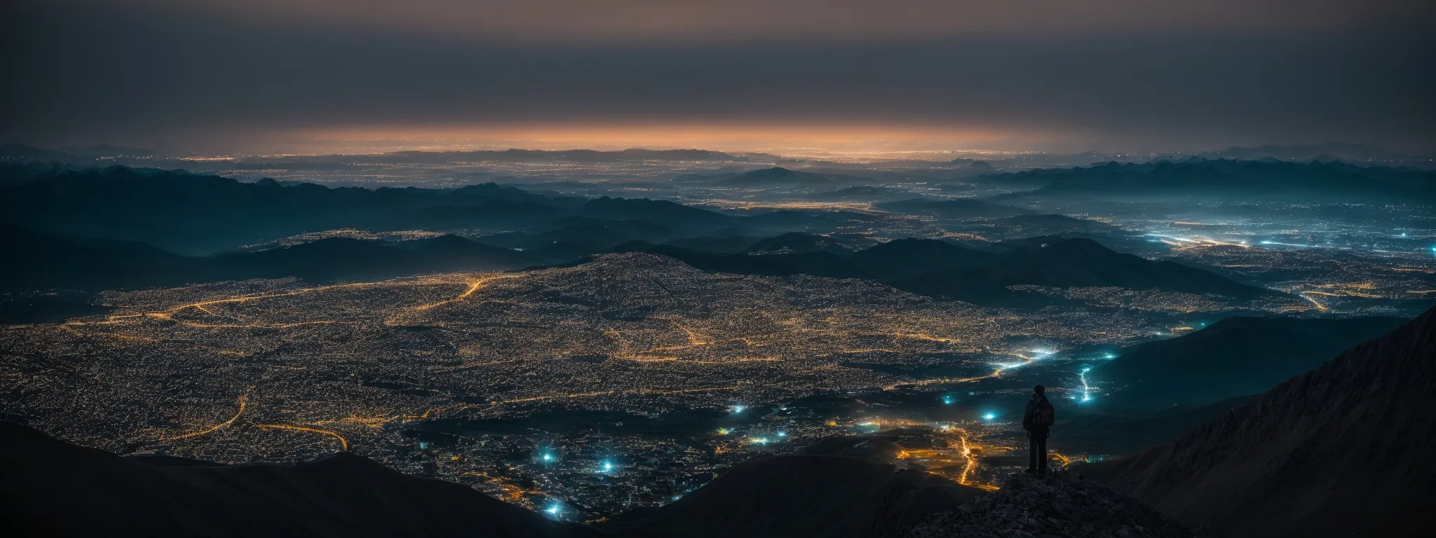 a person standing on a mountain peak, overlooking a sprawling digital landscape dotted with glowing points of light.