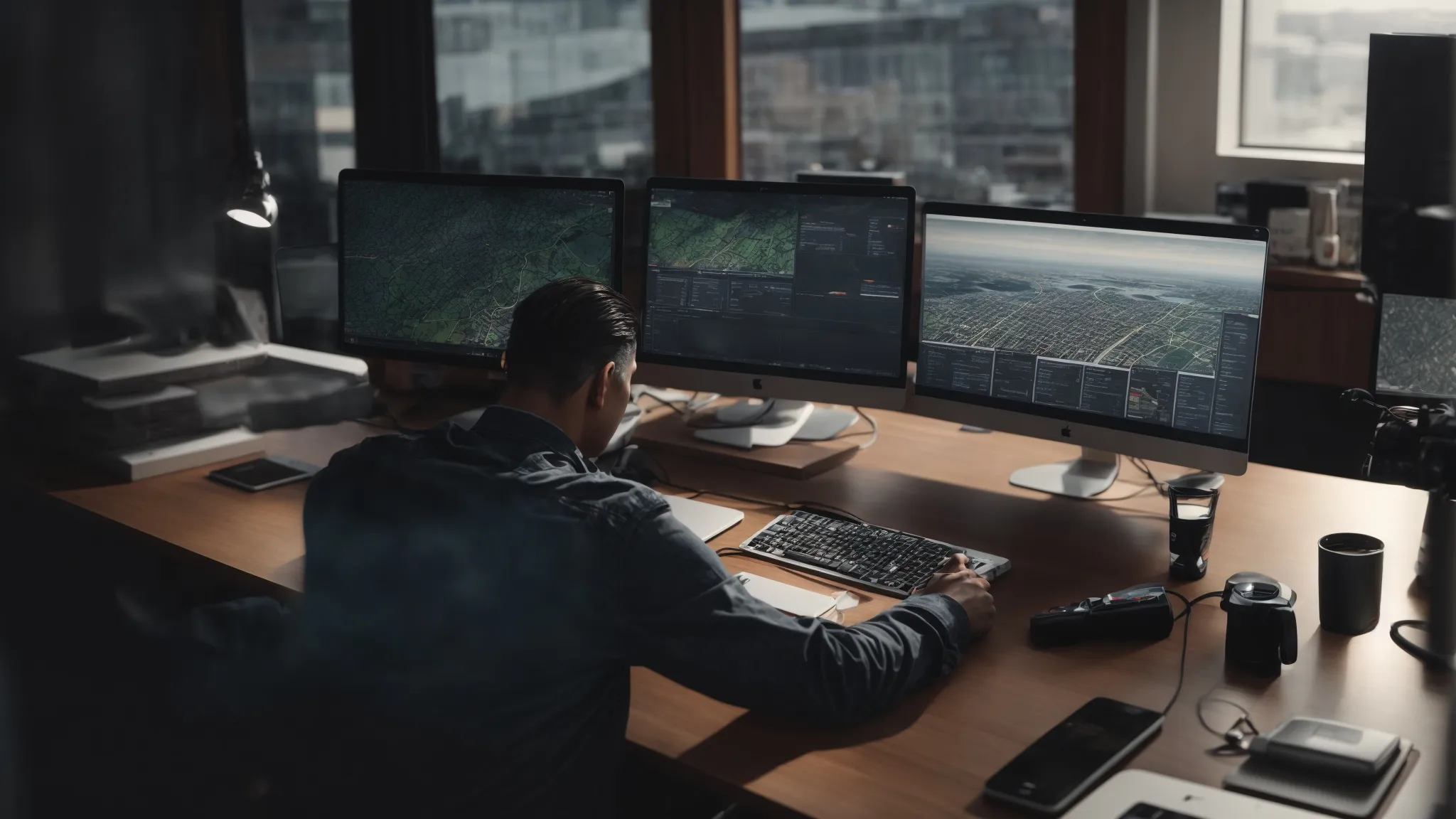 a person sitting at a desk with multiple digital devices, analyzing local map results and seo metrics on a screen.