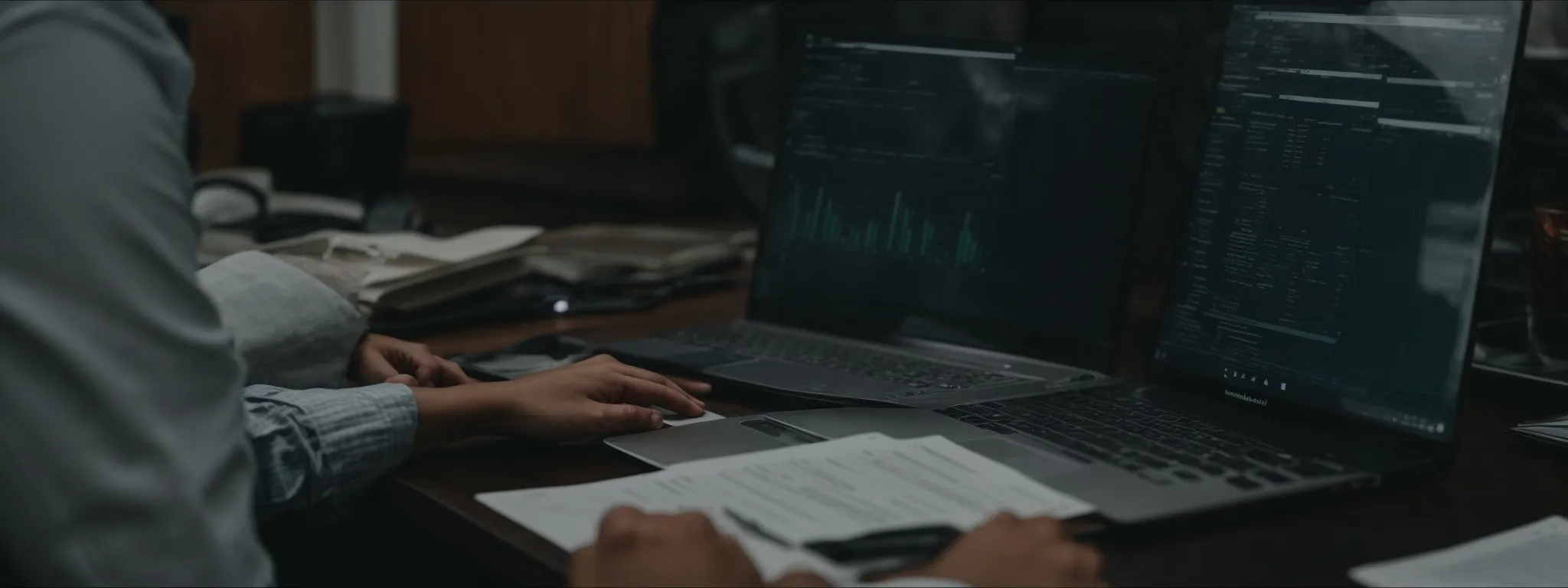 a person working intently on a laptop filled with complex spreadsheets and charts.
