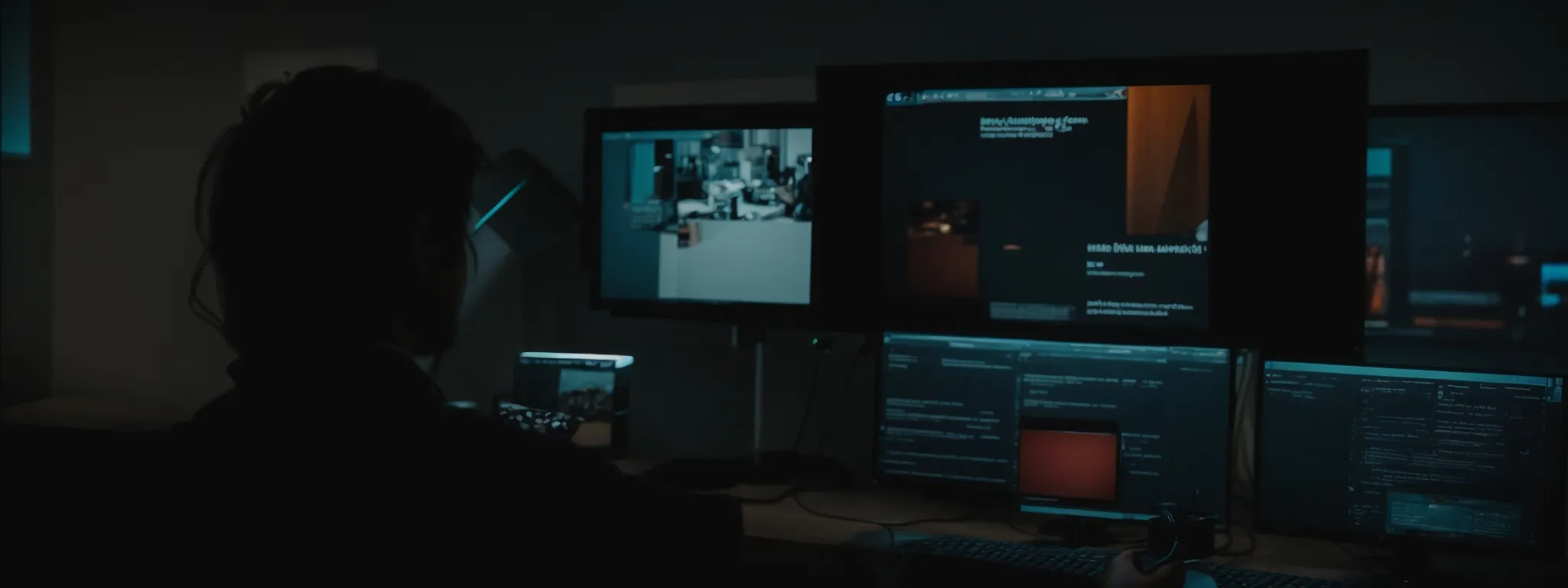 a person sitting at a computer watching a video with captions displayed on the screen.