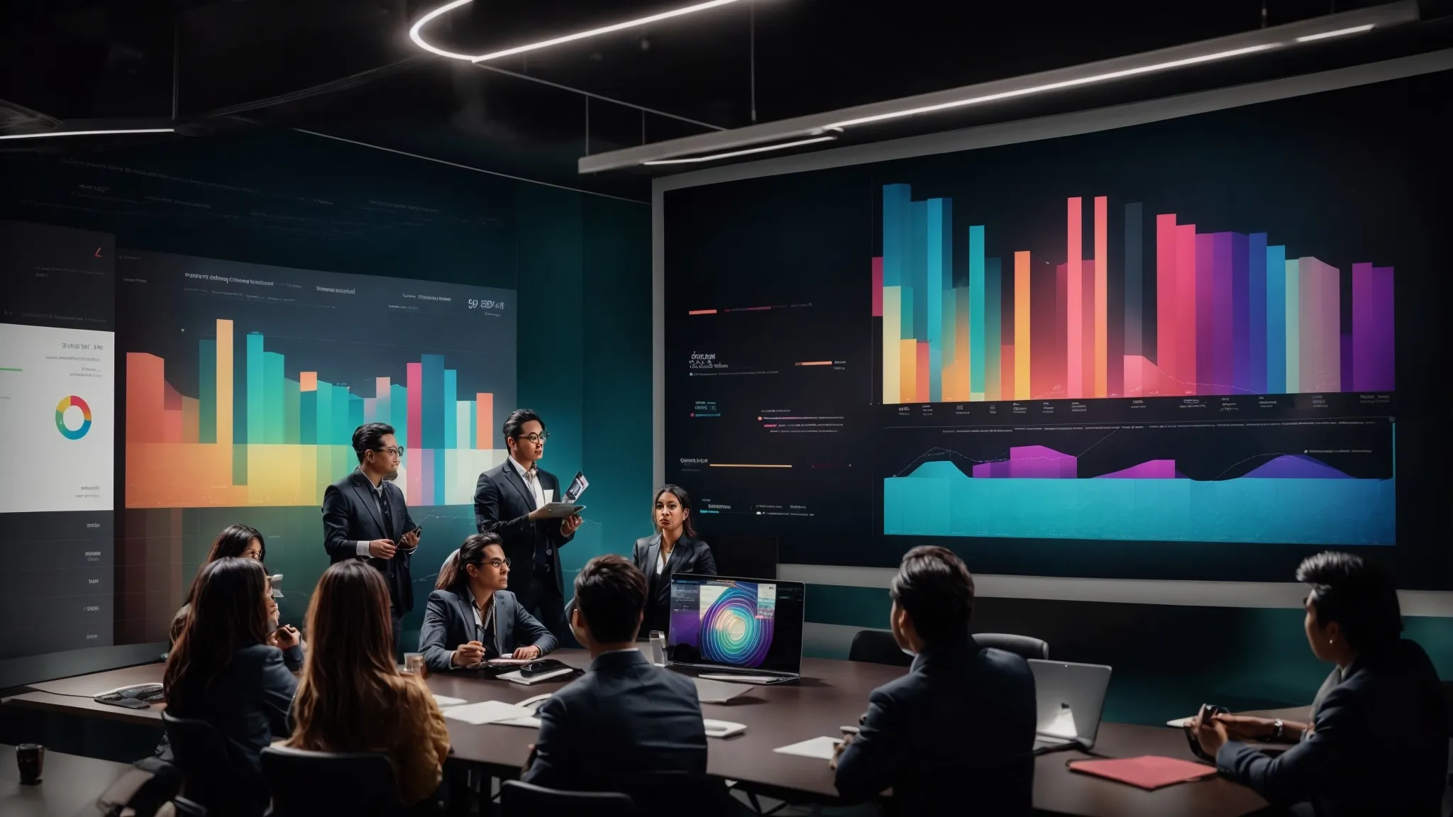 a group of professionals gathered around a large screen displaying colorful graphs and pie charts during a digital marketing strategy meeting for franchises.