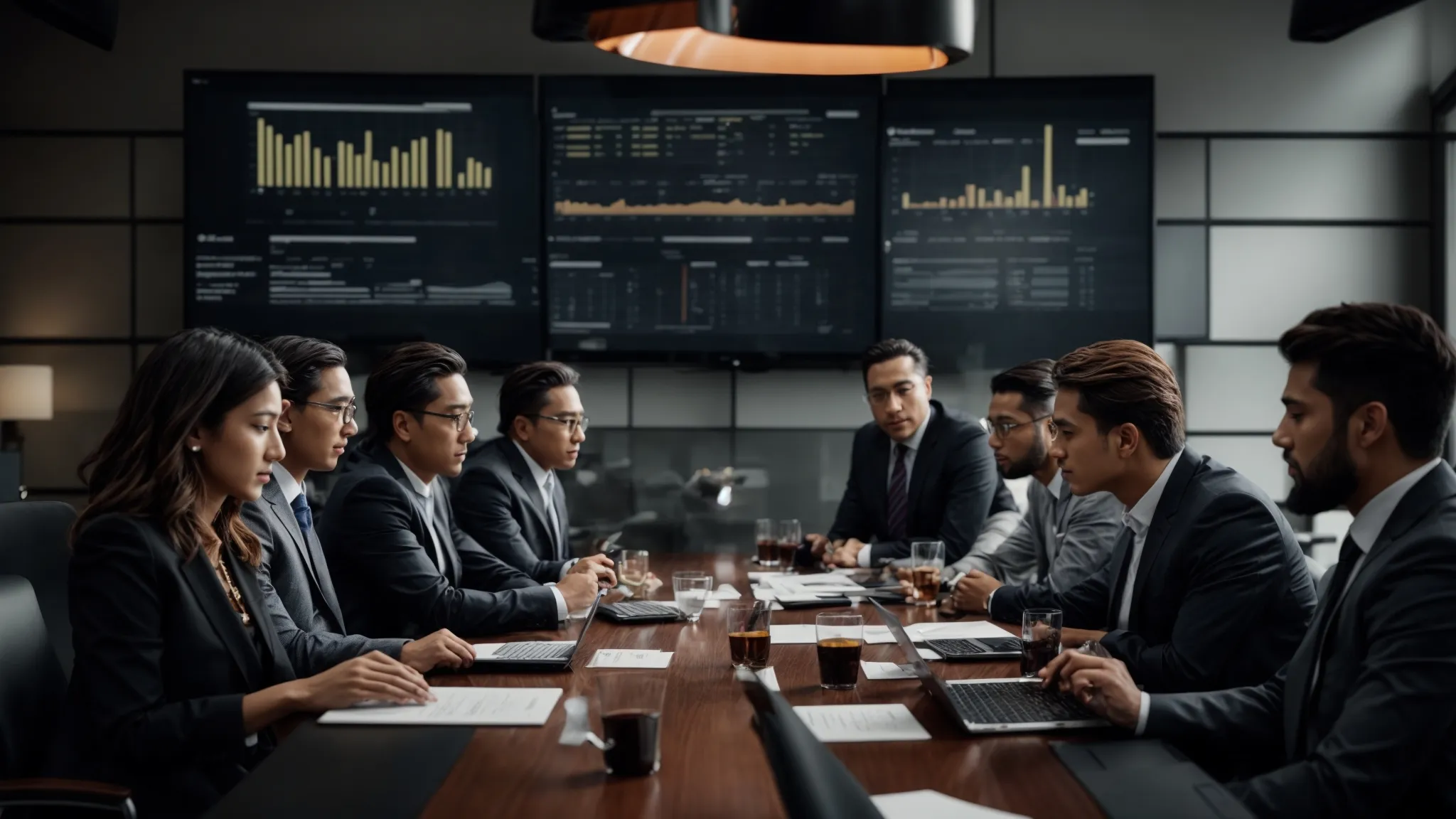 a group of professionals gather around a conference table with laptops displaying graphs and analytics.