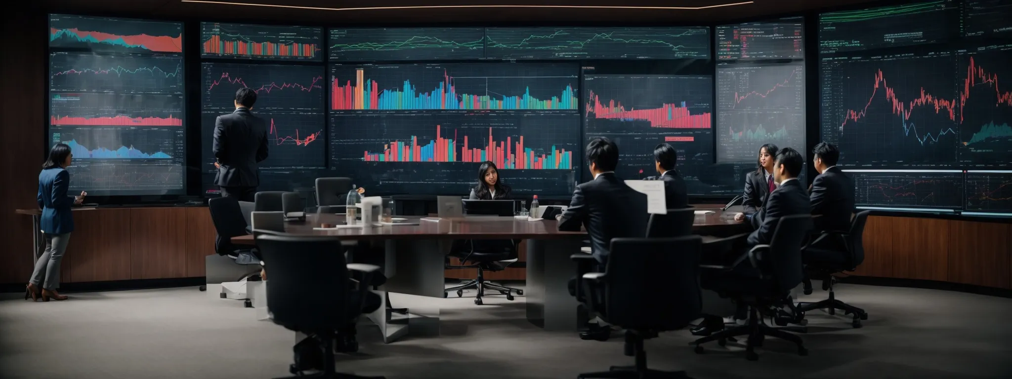 a conference room with a large screen displaying colorful graphs and charts, with professionals gathered around analyzing the data.