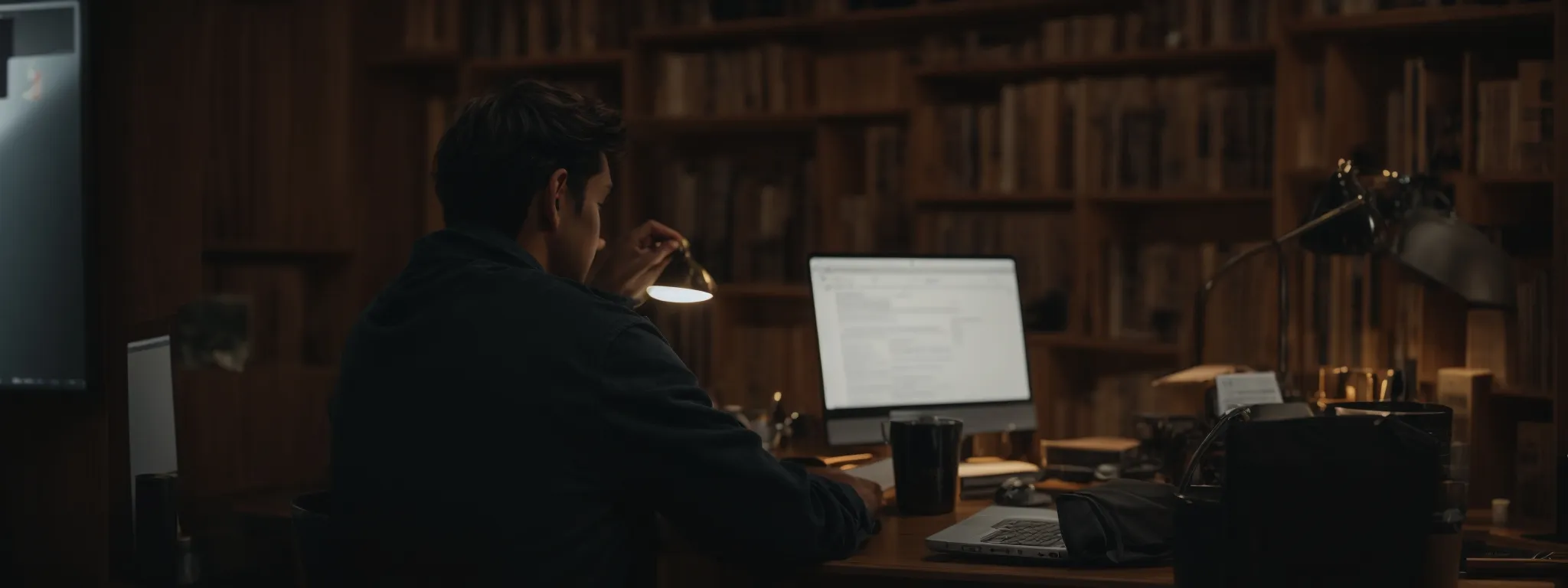 a focused individual is intently drafting a compelling article on a laptop in a well-lit, modern workspace.