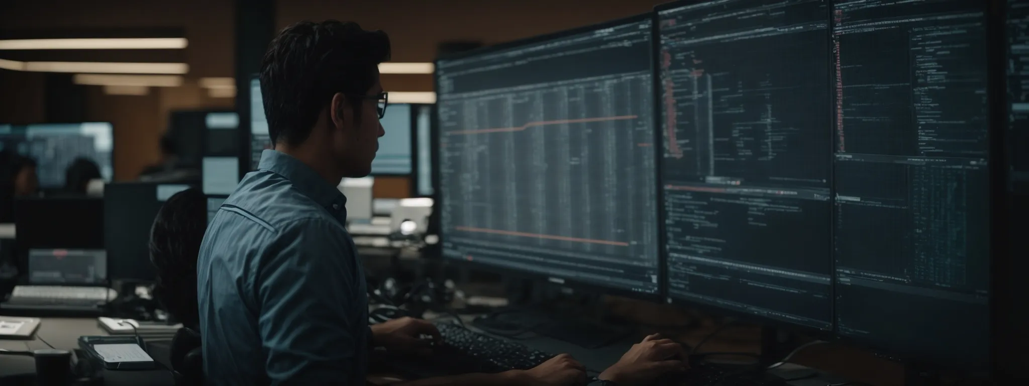 a web developer intently monitoring seo analytics on a large computer screen within a high-tech office environment.