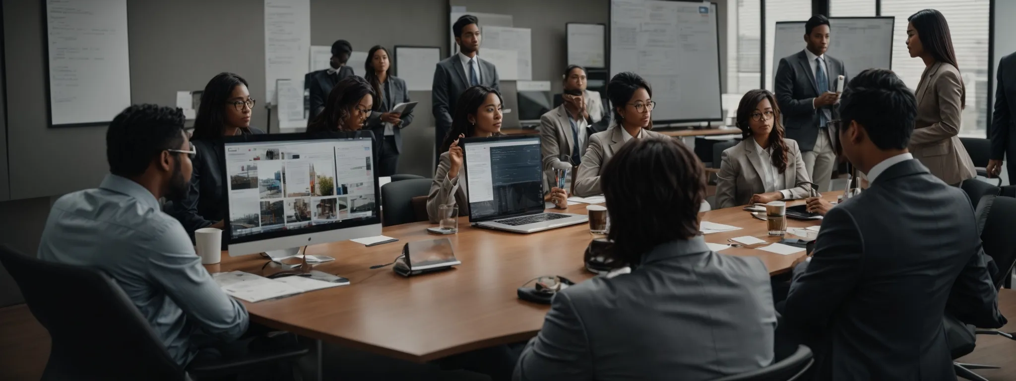 a diverse group of marketing professionals is gathered around a conference table with laptops and a whiteboard, deeply engaged in crafting a content strategy plan.