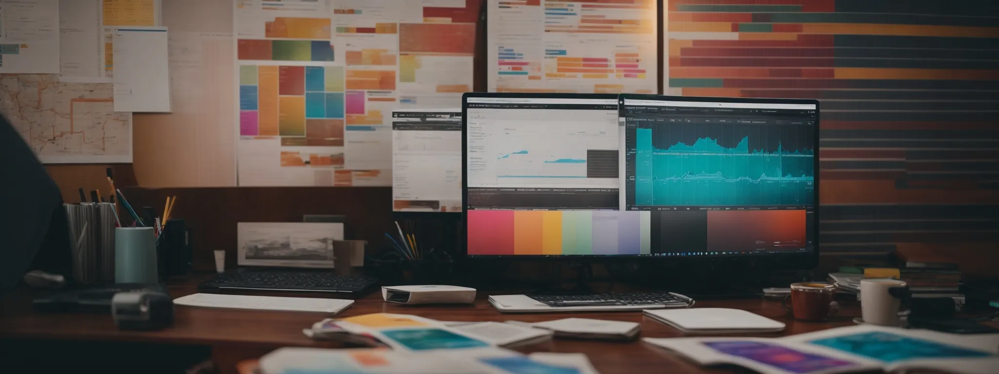 a person brainstorming ideas at a workspace filled with digital marketing books and a laptop displaying colorful charts.
