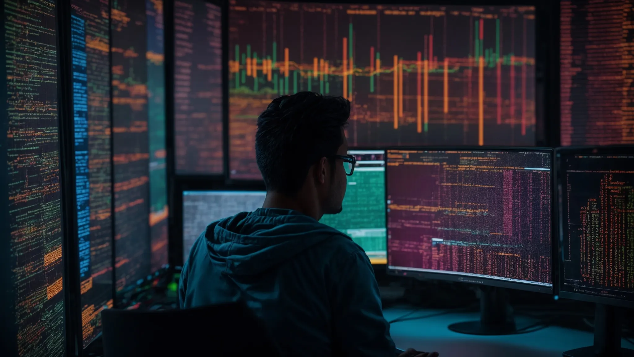 a programmer surrounded by multiple computer monitors displaying colorful code snippets and search engine graphs.