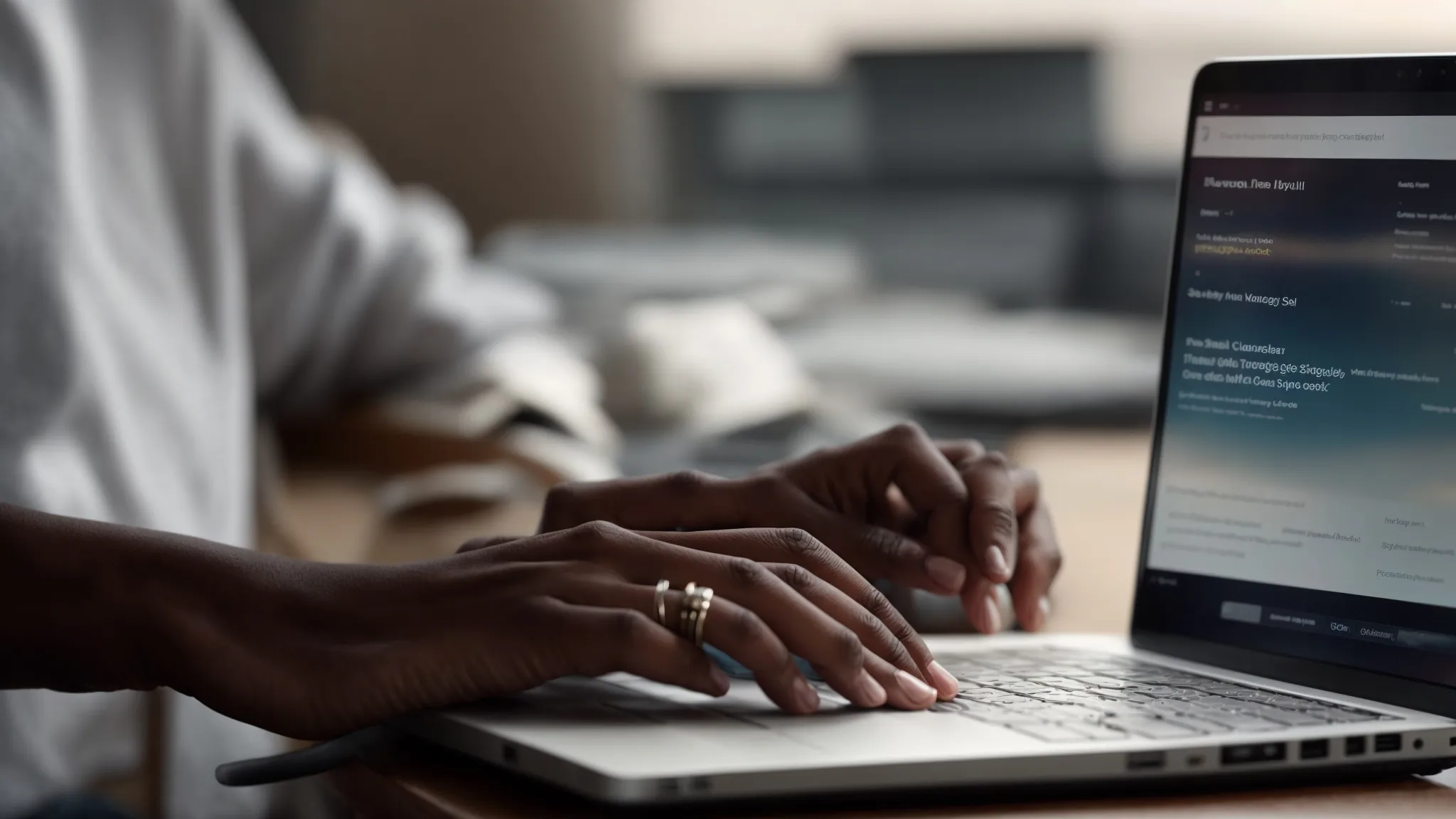 a close-up of a person typing on a laptop with a stack of seo strategy books beside them.
