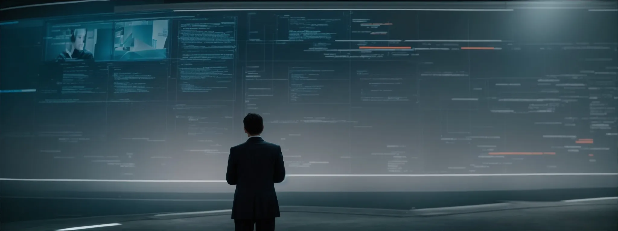 a strategist contemplates a large, interactive digital screen displaying a web page layout with prominent headers.