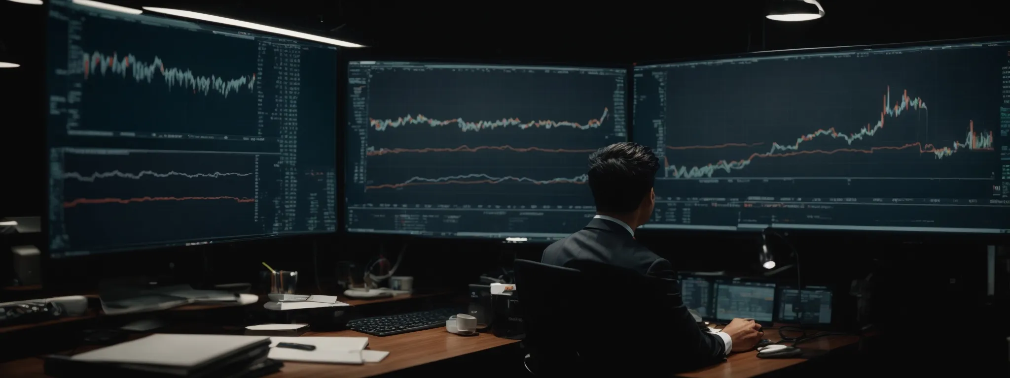 a professional at a desk with a computer screen displaying graphs and data analysis.