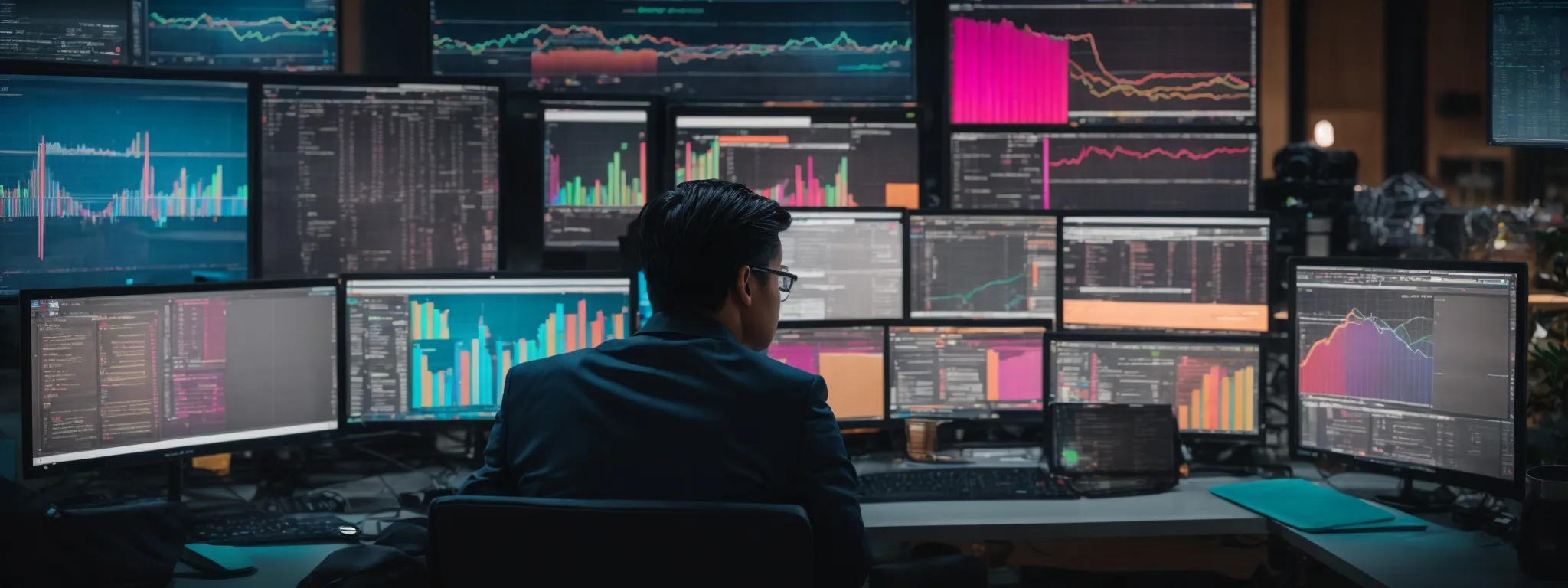 a web developer sits at a desk, surrounded by multiple computer screens displaying colorful data analytics, representing the strategic use of keywords for nonprofit visibility online.