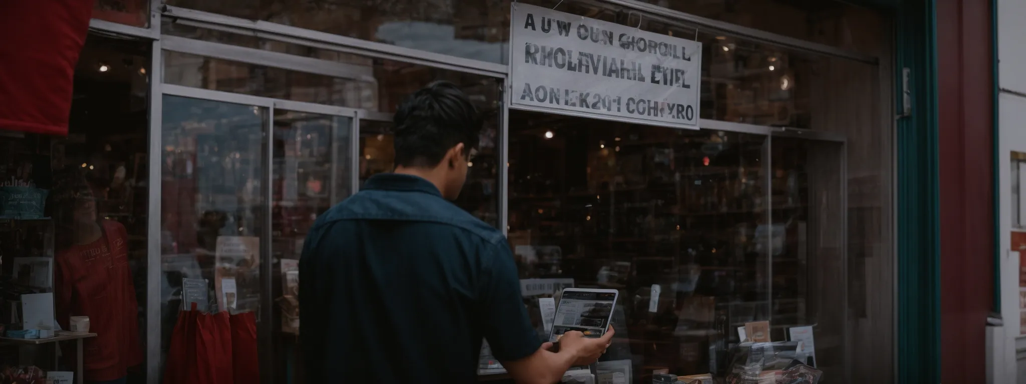 A person standing outside a store window holding a phone, with a multilingual sign displayed above the entrance.