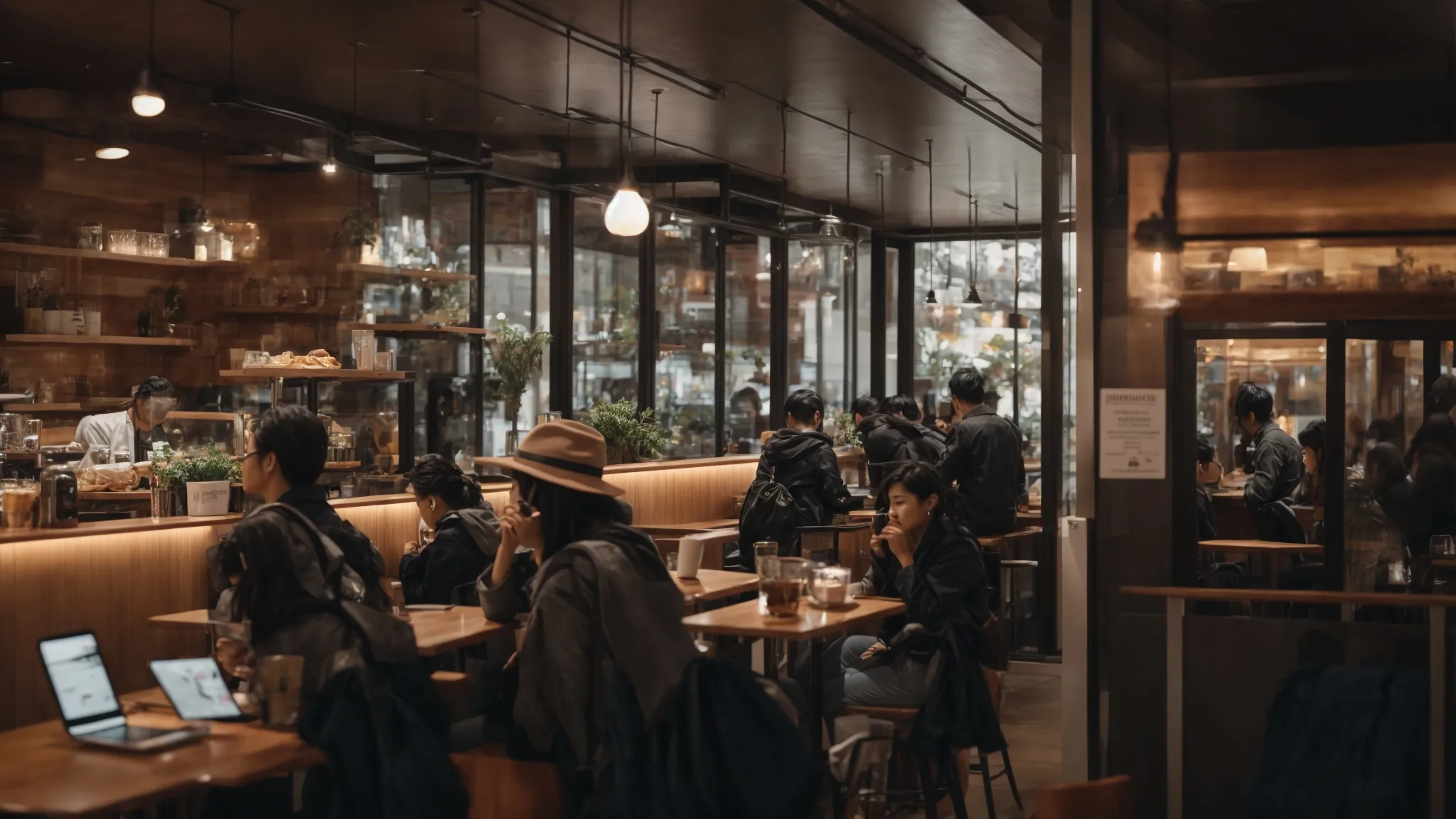 a bustling local cafe with patrons using smartphones and laptops, indicating online interaction with the business.