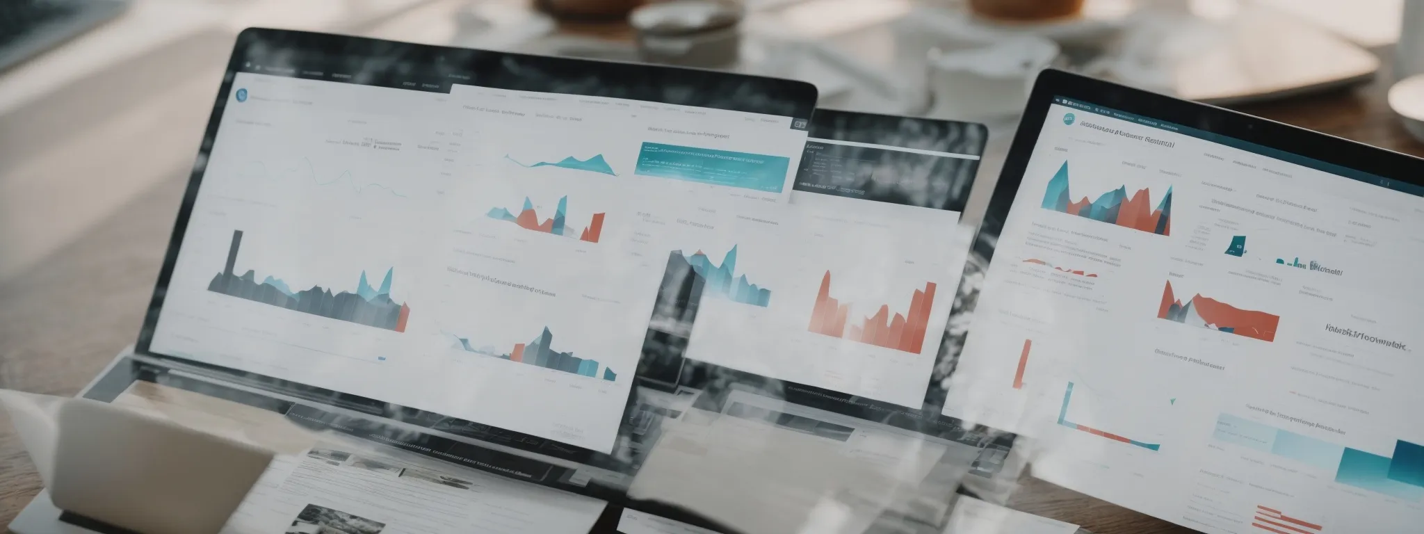 a laptop screen displays a graph illustrating increased web traffic, underpinned by visible snippets of premium articles behind a subtle, digital barrier.