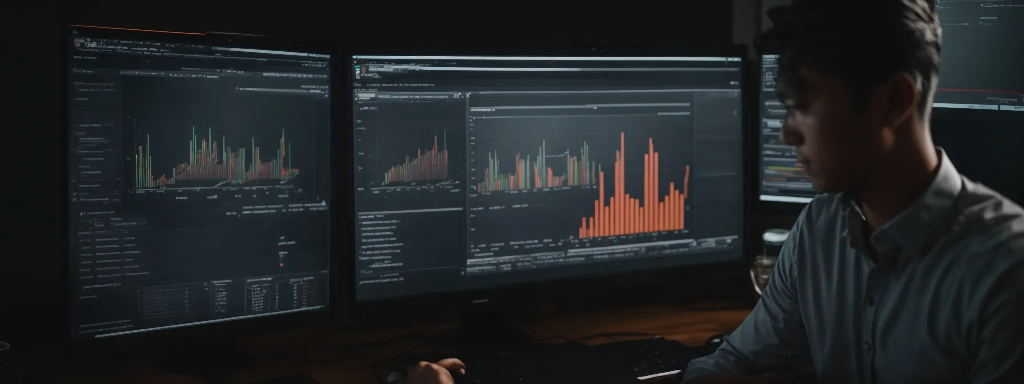 a digital marketer examines graphs on a computer screen, strategizing fire protection seo campaigns.