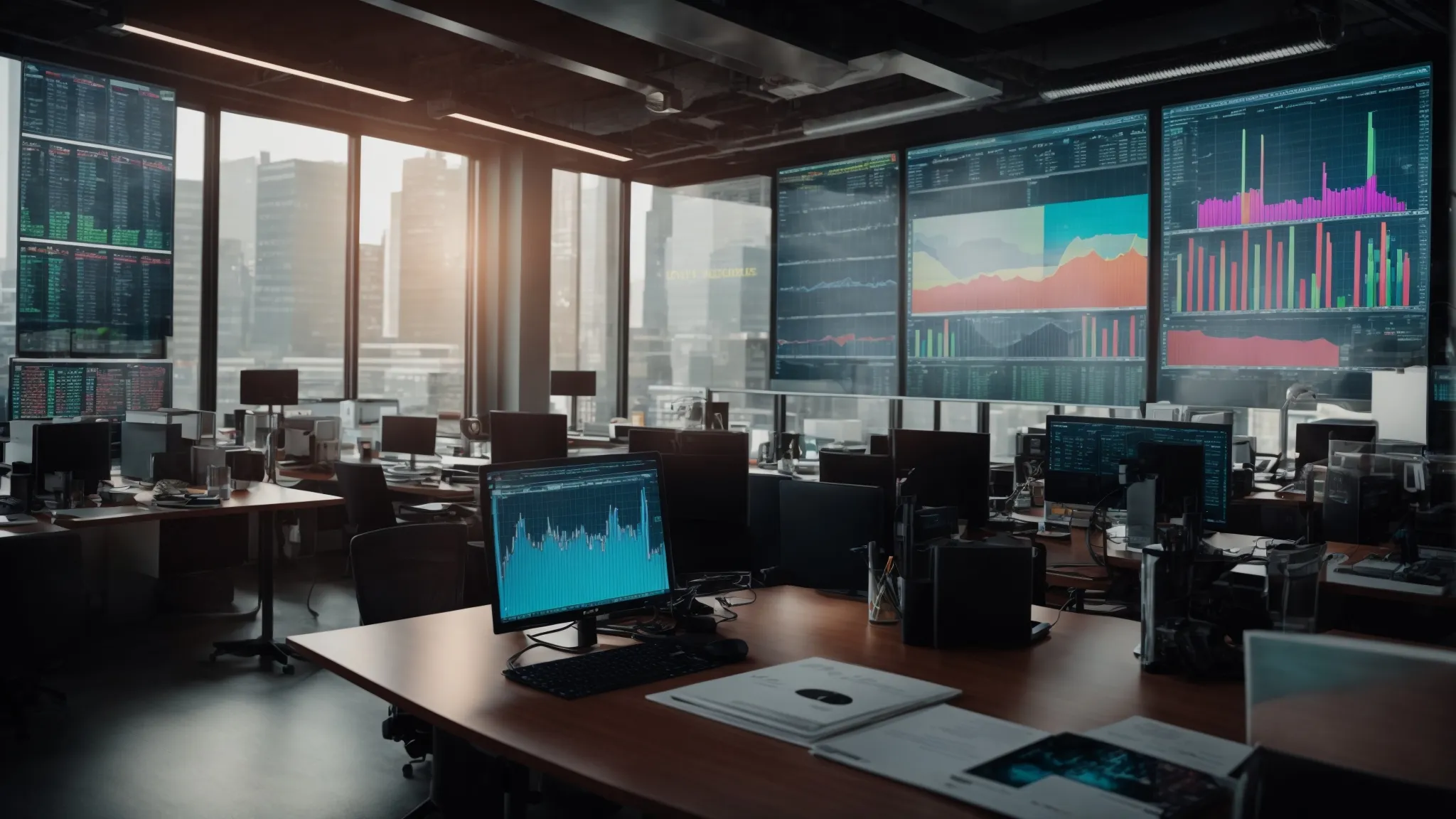 a modern office space with multiple computer screens displaying colorful graphs and analytics data.