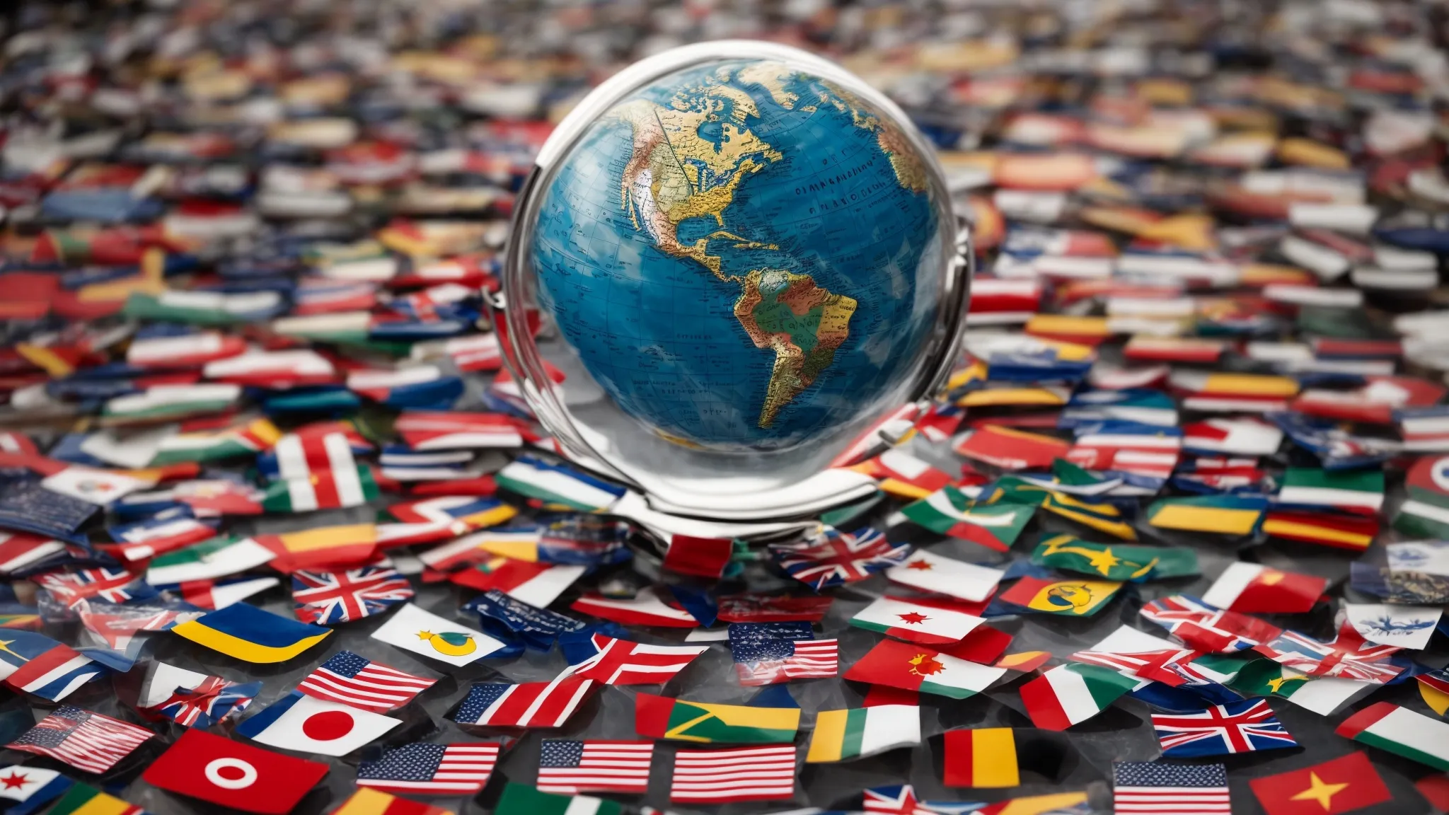 a globe surrounded by various national flags with a magnifying glass focusing on a world map.