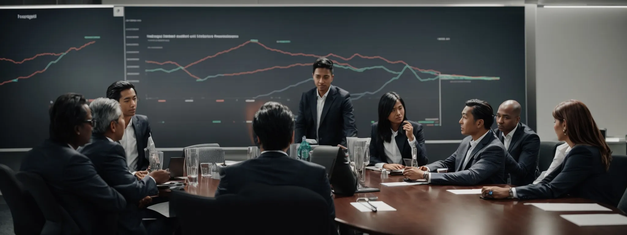 a professional meeting at a round table with a digital marketing presentation displaying graphs and metrics.