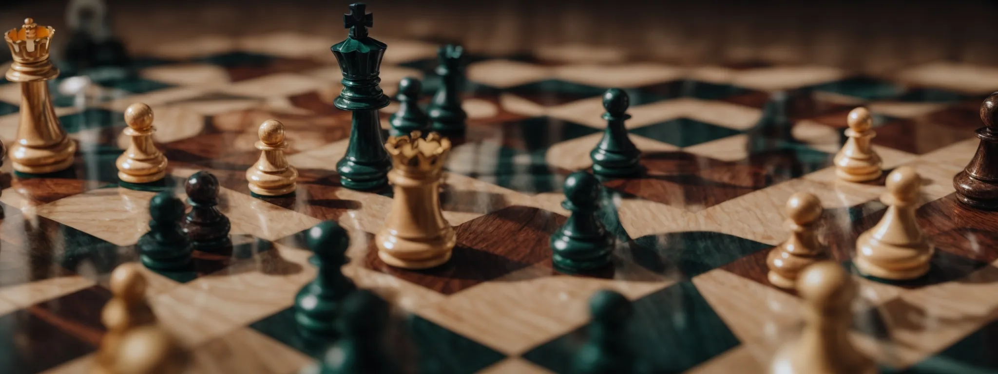 a chessboard with different colored chess pieces strategically placed to suggest planning and distinct roles.