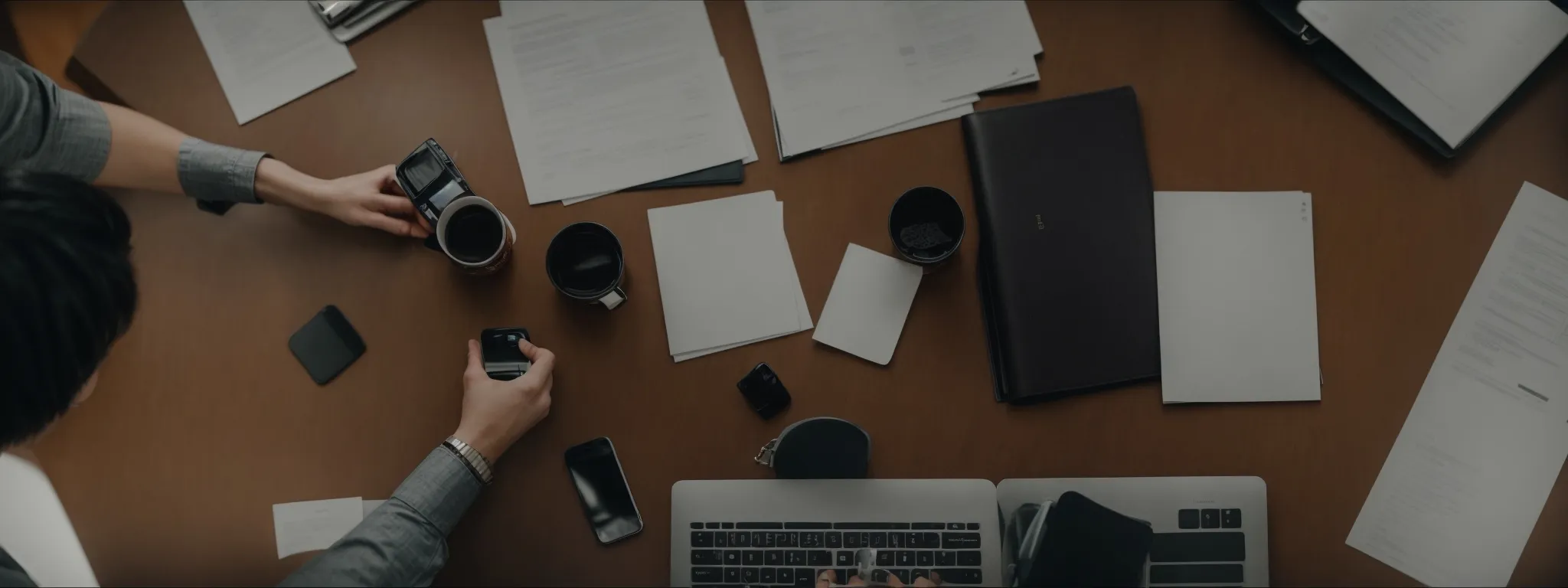 two business professionals shaking hands across a table with a document and digital devices, signaling agreement on a new seo project plan.