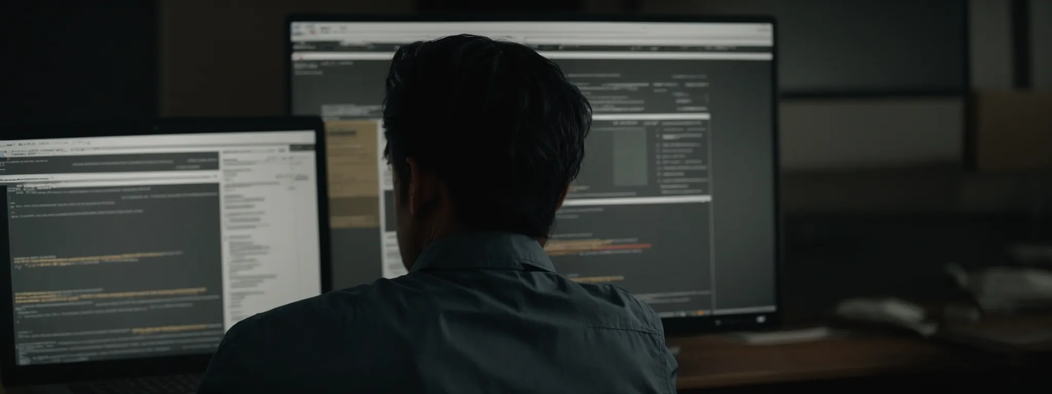Person sitting at a desk, working on a computer with two large monitors displaying lines of code and text in a dimly lit room.