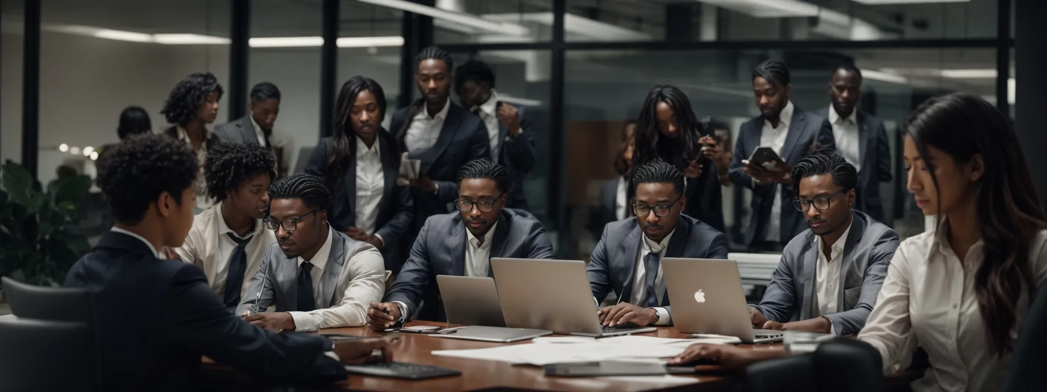 a diverse team of professionals collaborates around a large conference table, strategizing over laptops and digital devices in a modern office environment.
